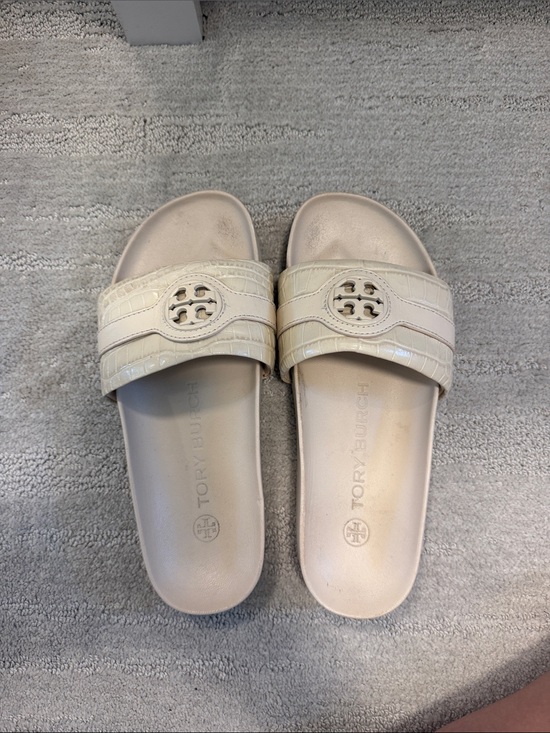 Tory Burch Shoes - Tory Burch Ivory Croc-Embossed Slide Sandals